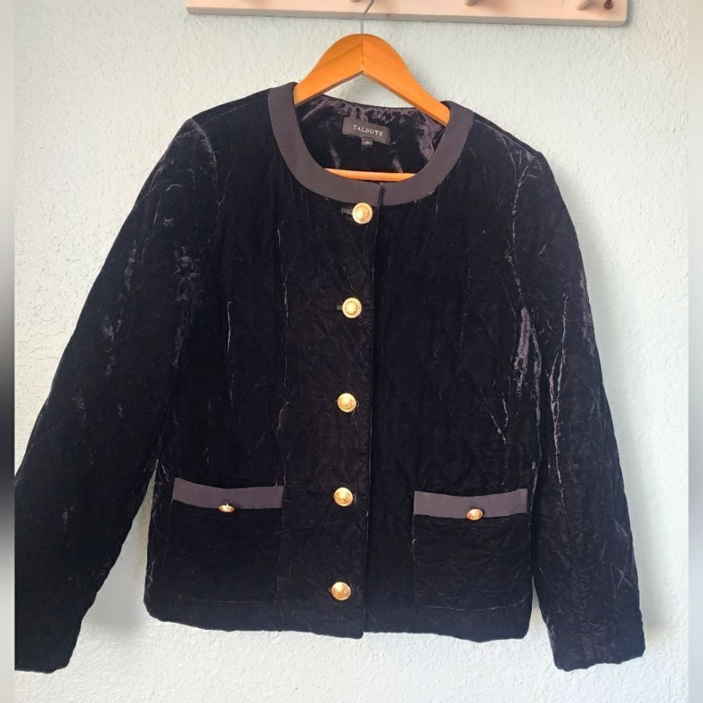 Talbots velvet quilt jacket front pockets button down